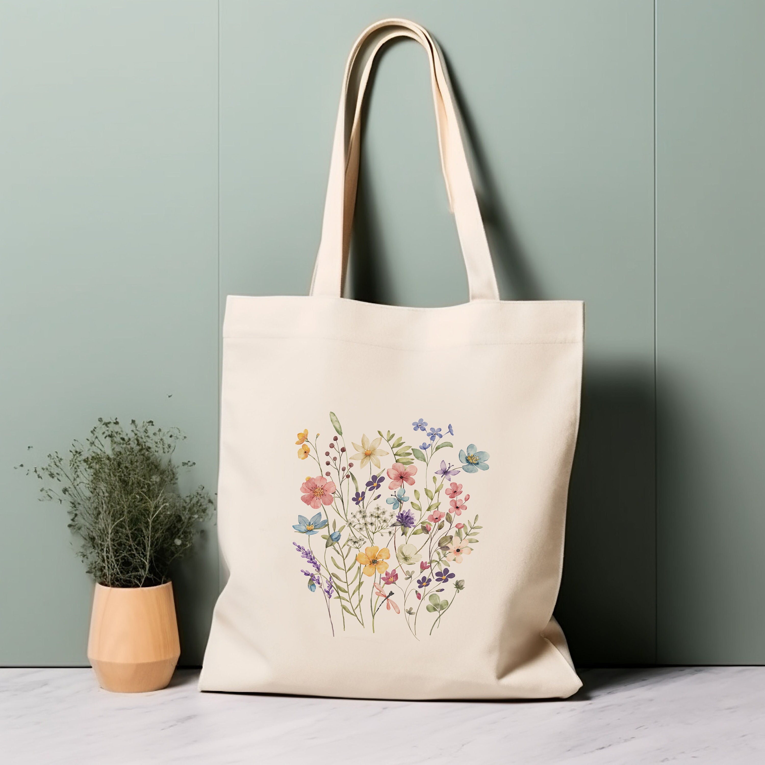 Embroidered Wildflower Tote Bag, Floral Cotton Shopper Bag 