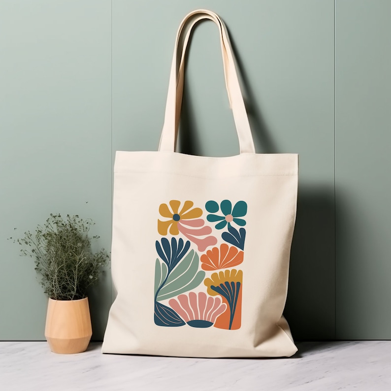 Einkaufstasche aus 100% Baumwolle, Matisse-inspirierte Blumen. Umweltfreundliche ästhetische Einkaufstasche, Tasche fürs Leben Bild 1