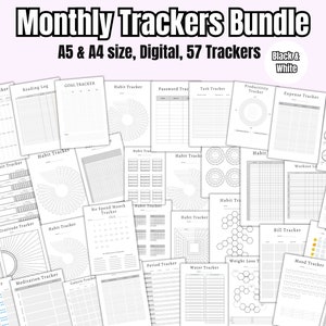 May include: A collection of 57 printable monthly trackers in black and white. The trackers are designed for A5 and A4 sizes and include a variety of topics such as habit tracking, goal setting, expense tracking, and mood tracking.