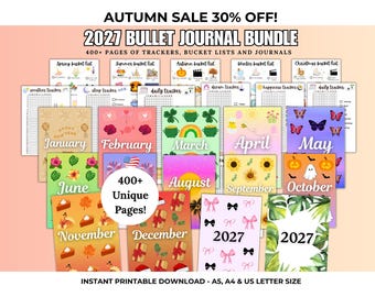 Może przedstawiać: Zestaw bullet journal na rok 2027 zawierający ponad 400 stron trackerów, list marzeń i dzienników. Kolekcja obejmuje miesięczne strony tematyczne z kolorowymi ilustracjami na każdy miesiąc, takimi jak dynie, kwiaty i motywy świąteczne, a także różne arkusze do śledzenia pogody, snu i codziennych zadań.