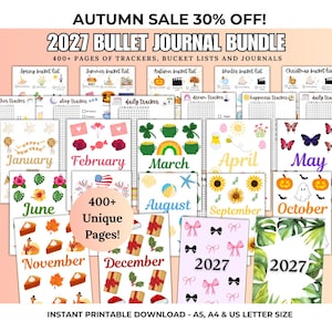 May include: A 2027 bullet journal bundle featuring 400+ pages of trackers, bucket lists, and journals. The collection includes monthly themed printable sheets with colourful illustrations for each month, from January to December, in A5, A4, and US letter sizes.