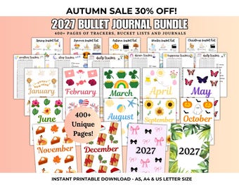May include: A 2027 bullet journal bundle featuring 400+ pages of trackers, bucket lists, and journals. The collection includes monthly themed printable sheets with colorful illustrations for each month, from January to December, in A5, A4, and US letter sizes.