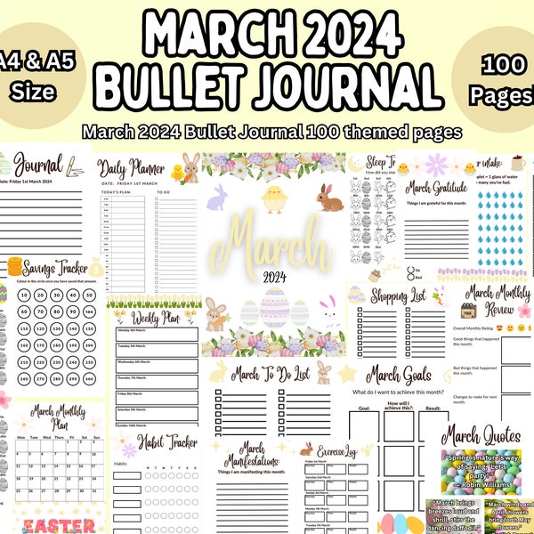 2024 Fortgeschrittenes Bullet Journal Printable | Digital druckbarer PDF-Planer Bullet-Journal | Monatsplaner März 2024, 100 Seiten | Entwurf 1