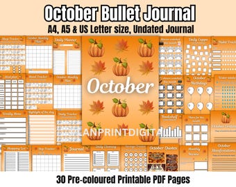 May include: An undated October Bullet Journal with pre-colored printable PDF pages. The journal includes trackers for sleep, mood, meals, and more. The cover features pumpkins and fall leaves. Available in A4, A5, and US Letter sizes.