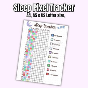 Könnte beinhalten: Ein druckbarer Schlaf-Tracker mit Pixel-Art-Design. Der Tracker ist in Monate und Tage unterteilt, mit einem farbcodierten Schlüssel für die Schlafstunden. Der Schlüssel enthält Farben für 3 Stunden oder weniger, 4, 5, 6, 7, 8, 9, 10, 11 und 12+ Stunden Schlaf.