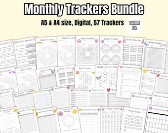 May include: A digital printable bundle of 57 monthly trackers in A5 and A4 sizes. The trackers include habit trackers, weight loss trackers, sleep trackers, daily routine trackers, reading logs, gratitude trackers, meditation trackers, health trackers, calorie trackers, period trackers, water trackers, work trackers, goal trackers, task trackers, no spend month trackers, income trackers, expense trackers, productivity trackers, password trackers, savings trackers, mood trackers, and stress trackers. The trackers are designed with a variety of colorful and fun illustrations.