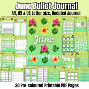 Op de afbeelding: Een printbaar juni bullet journal met 30 voorbedrukte pagina's. De pagina's zijn ontworpen met een tropisch thema en bevatten een verscheidenheid aan lay-outs voor dagelijkse, wekelijkse en maandelijkse planning, evenals gewoontetrackers, dankbaarheidslogboeken en meer.