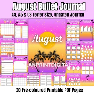 Op de afbeelding: Een printbaar bullet journal voor augustus met 30 vooraf gekleurde pagina's. De pagina's hebben een tropisch zonsondergangthema met palmbomen en een gele zon. De pagina's bevatten trackers voor slaap, stemming, dagelijkse taken, gekeken films, gekeken tv-programma's, gelezen boeken, gewoontetracking, waterinname, dagelijkse kopje, maaltijdplanning, to-do-lijsten, dagelijkse schoonmaak, besparingen, verjaardagen en maandelijkse reviews.