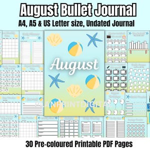 May include: A printable bullet journal for August with a beach theme. The pages are pre-colored with a light blue and yellow color scheme. The pages include a variety of layouts for daily, weekly, and monthly planning. The journal is undated and available in A4, A5, and US Letter sizes.