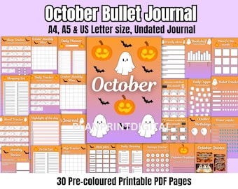 May include: A collection of pre-colored printable PDF pages for an October bullet journal. The pages include trackers, planners, and journal entries with a Halloween theme, featuring pumpkins, ghosts, and bats. The journal is available in A4, A5, and US Letter sizes.