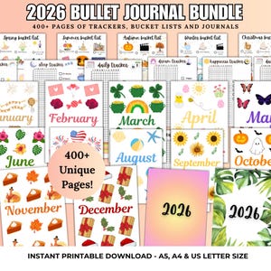 Puede incluir: Un paquete de bullet journal 2026 con más de 400 páginas de rastreadores, listas de deseos y diarios. La colección incluye hojas imprimibles con temas mensuales e ilustraciones estacionales de enero a diciembre, además de portadas 2026.