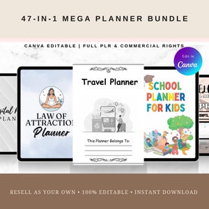 Può includere: Un pacchetto di 47 planner con copertine digitali per un planner Legge dell'Attrazione, un planner di viaggio e un planner scolastico per bambini. Il testo include i titoli per ogni planner e un pulsante per modificare il design in Canva.