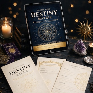 Può includere: Un manuale e quaderno di esercizi interattivo Destiny Matrix di 37 pagine. Il tablet mostra la copertina con simboli geometrici dorati su sfondo blu scuro. Due pagine stampate mostrano un indice e un pianificatore karmico giornaliero.