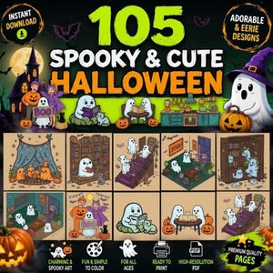 Può includere: Una collezione digitale di 105 pagine da colorare Spooky & Cute Halloween con illustrazioni di fantasmi, zucche e case infestate. La grafica include etichette di testo come Instant Download e Adorable & Eerie Designs con varie scene.