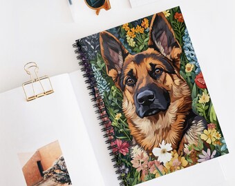 Caderno espiral floral com estampa de pastor alemão, diário para amantes de cães.