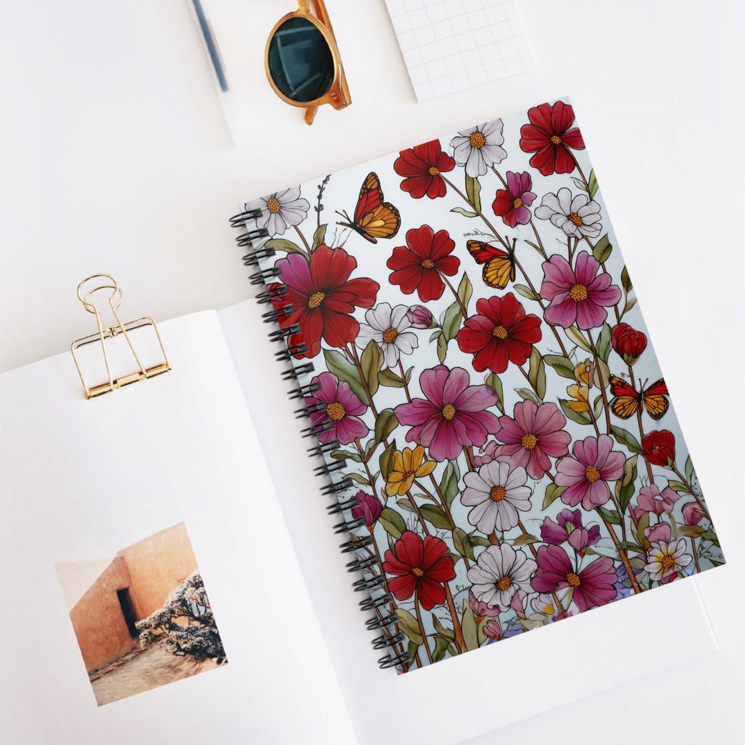 Wildflower Meadow Spiral Notebook | Floral Butterfly Glass Look Ruled ...