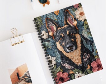 Caderno espiral com estampa floral de pastor alemão, presente perfeito para amantes de cães.