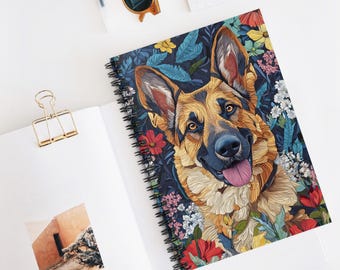 Caderno floral com estampa de Pastor Alemão, presente perfeito para amantes de cães.