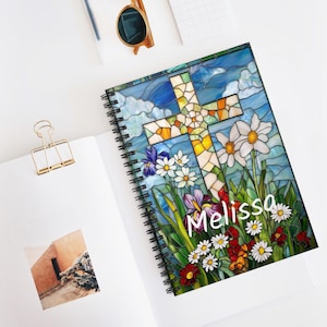 Personalized Cross Stained Glass Look Notebook, Religious Prayer Journal Design, Faith, Hope, Charity, Be Kind Affirmations, Flower Garden