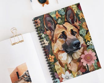 Caderno floral com estampa de Pastor Alemão, presente perfeito para amantes de cães.
