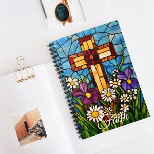 Personalized Cross Stained Glass Look Notebook, Religious Prayer Journal Design, Faith, Hope, Charity, Be Kind Affirmations, Garden Flower