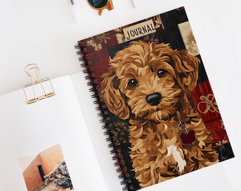 May include: A spiral bound journal with a colorful patchwork cover featuring a brown and white poodle with the word "JOURNAL" printed on the cover.