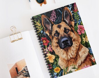 Caderno espiral floral com estampa de pastor alemão, diário para amantes de cães.