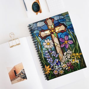 Personalized Cross Stained Glass Look Notebook, Religious Prayer Journal Design, Faith, Hope, Charity, Be Kind Affirmations, Wildflower