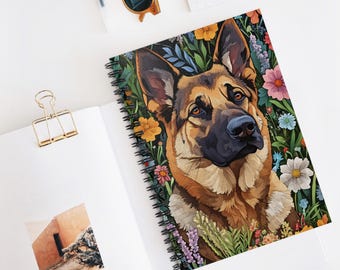 Caderno espiral com estampa floral de pastor alemão, presente perfeito para amantes de cães.