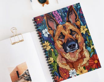 Caderno espiral floral com estampa de pastor alemão, diário para amantes de cães.