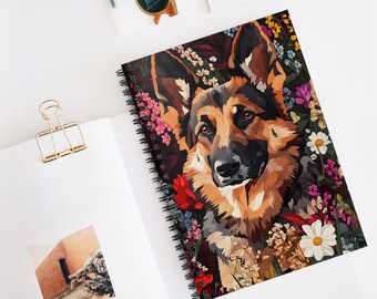 Caderno espiral floral com estampa de pastor alemão, diário para amantes de cães.