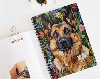 Caderno espiral floral com estampa de pastor alemão, diário para amantes de cães.