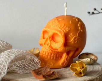 Floral skull candle, large human skull candle, day of the dead candle, carved skull head candle, ghost skull candle, Mexican skull candle