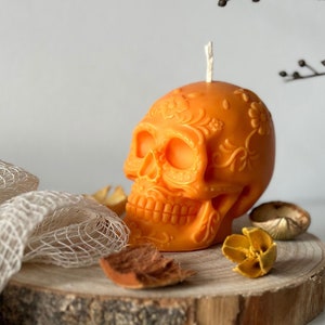Vela de caveira floral, vela grande de caveira humana, vela do dia dos mortos, vela de cabeça de caveira esculpida, vela de caveira fantasma, vela de caveira mexicana