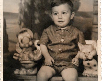 Vintage Child Photo with Toys Antique Photograph 1940s Baby Portrait Vernacular Snapshot Nostalgic Decor