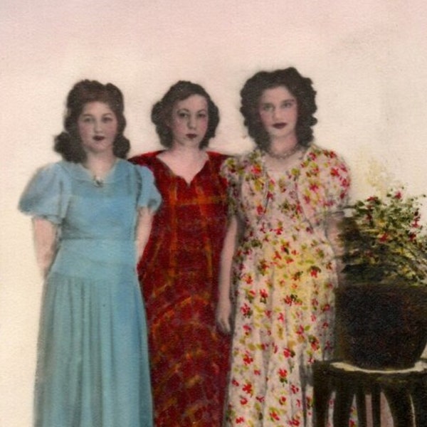 Hand-Coloured Photograph Of Three Women In The Hair And Clothing Fashions Of The Period. Floral, Plaid And Solid Colored Dresses