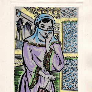 Representação da vida na antiga Istambul, era otomana. Uma linda mulher em roupas tradicionais otomanas, com um guarda-chuva e uma abaya na cabeça