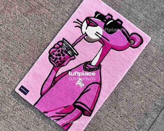 Panther Sippin Boba handgetuft aangepast vloerkleed, cartoontapijt, esthetisch boba-theedecor, funky accenttapijt voor slaapkamer, slaapzaal, cadeau voor haar |