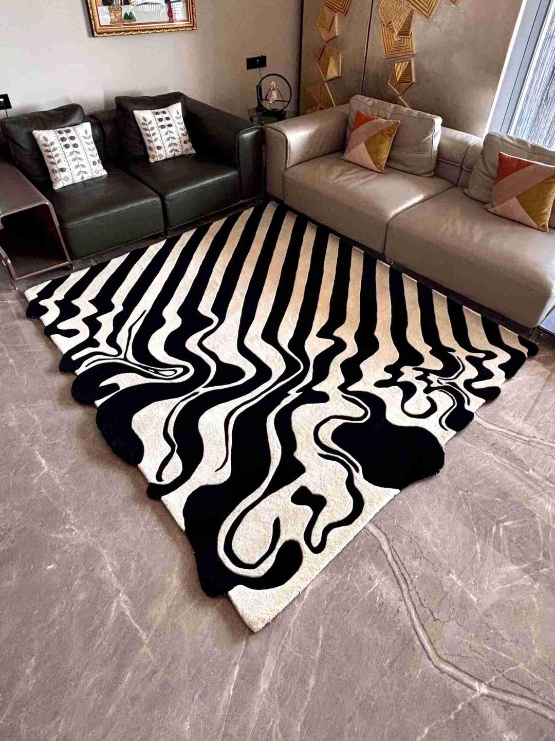 Spill Rugs Shape Hand-tufted Ink Spill Rug: Abstract Black and White New Zealand Wool - Etsy