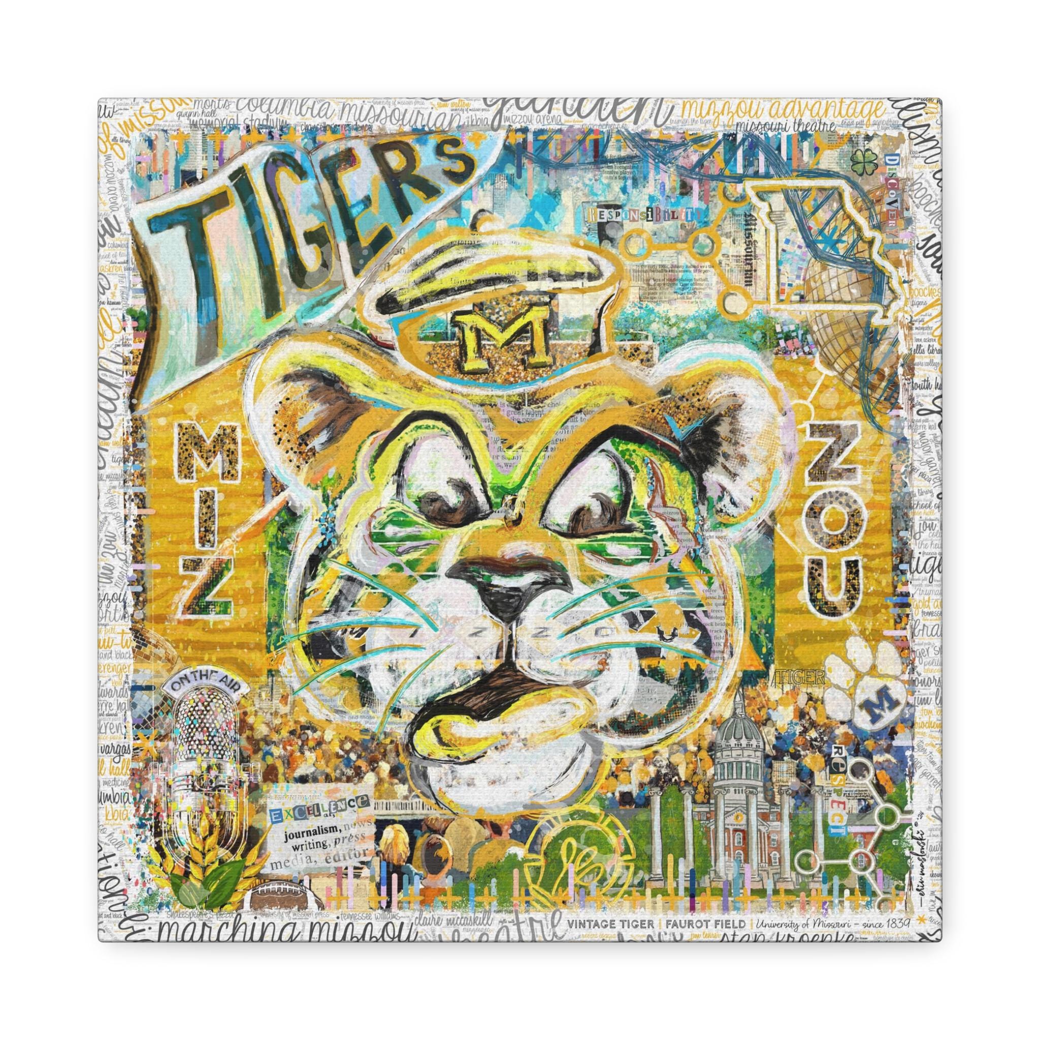 MU Vintage Mizzou Truman Tiger Art: Faurot Field Missouri Canvas