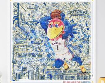 May include: A square print featuring a cartoon Jayhawk mascot in a basketball uniform, holding a basketball. The background is a detailed, blue and yellow sketch with text that reads "National Champions" and "Beware of the Phog."