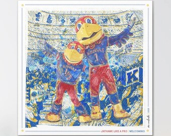 KU Jayhawks Welcoming Art: Kansas Big Jay and Baby Jay Sketches Canvas Print