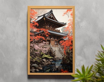 Japanese Temple Digital Print, Samurai Japanese Temple Poster Download, Digital Download.