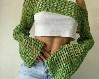 Y2k Crochet Knitted Crop Top Hollow Out Fishnet Jumper Smock Top 2000s Streetwear Aesthetic Harajuku, Crochet Bolero Shrug