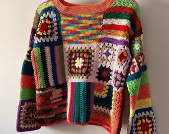 Pull au crochet, Pull en tricot patchwork, Pull au crochet pour femmes, Crochet Top Grandma Square, Pull fait main de style Boho, Festival hippie