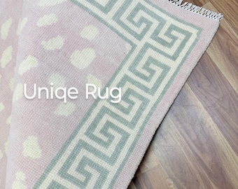 Modern Turkish Pink with Cream Oushak Made to Order (In Any Size!) Geometric Knotted Modern Oushak rug/ large area/sage/muted oushak rug..