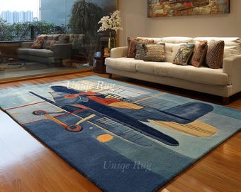 Modern Abstract Hand Tufted Wool Rug in Blue and Teal – Contemporary Geometric Designer Area Rug for Living Room & Bedroom.