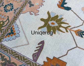 Muted Oushak Rug 8X10 9X12 10X14 Hand Knotted wool rug in Soft Blue & Ivory Turkish Vintage style area rug natural Floral rug for bedroom.