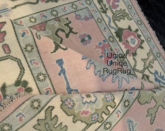 Pastel pink Oushak rug Hand knotted Wool rug with Floral Motif for living room