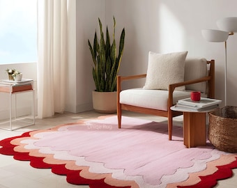 Hand Tufted Scalloped Wool Rug in Blush Pink and Red – Modern Floral Handmade Area Rug for Living Room Bedroom Decor.
